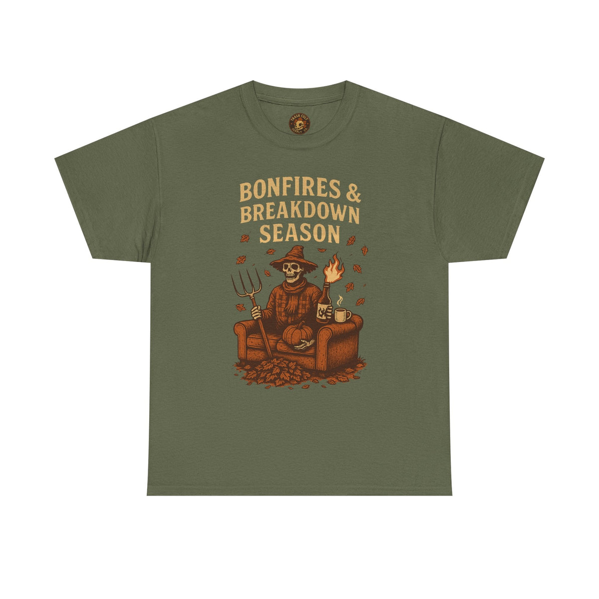 Bonfires & Breakdown Season Shirt – Skeleton Couch Chaos Tee – Fall of Humanity Collection – Trash Cult Supply Co.