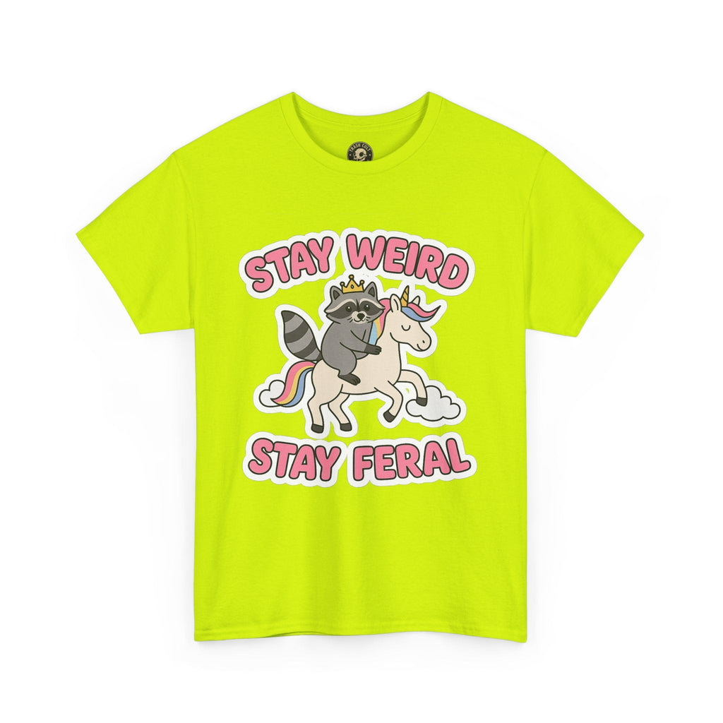 Stay Weird Stay Feral Shirt – Raccoon & Unicorn – High Visibility Gildan 5000 Tee