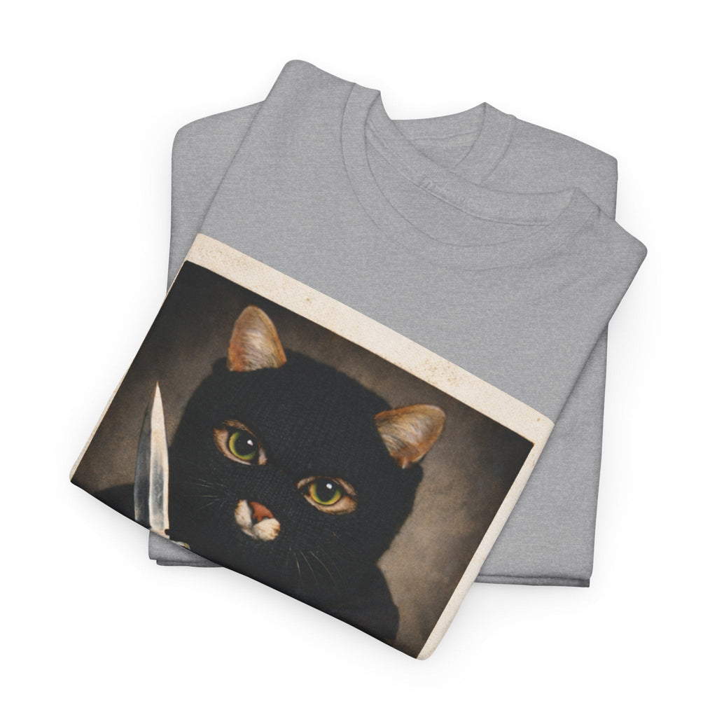 Cat With Knife Tee — "Mittens" Dark Humor Vintage Polaroid Graphic T-Shirt