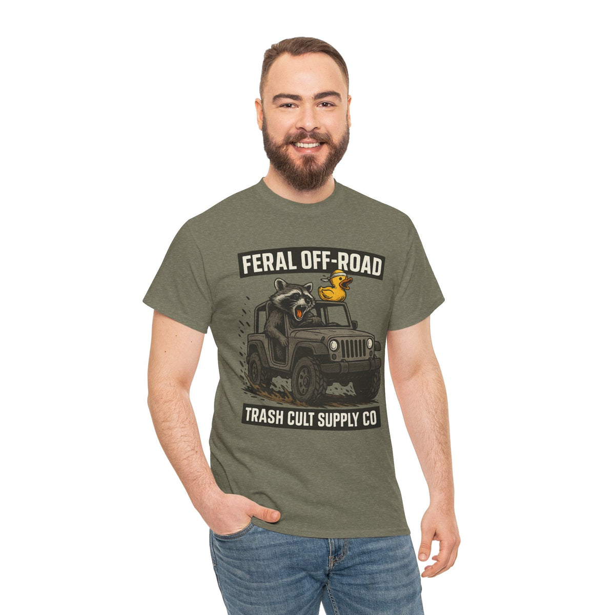 Feral Off-Road Raccoon Jeep Shirt – Mud Slinging Chaos | Trash Cult Supply Co | Gildan 5000 Tee