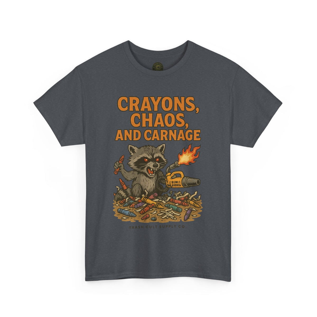 Crayons, Chaos, and Carnage T-Shirt – Dark Humor Raccoon Graphic | Trash Cult Supply Co. | Gildan 5000 Tee