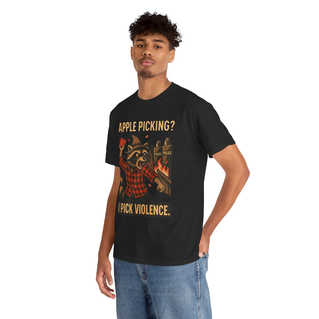 Apple Picking? I Pick Violence Shirt – Angry Raccoon Riot Tee – Fall of Humanity Collection – Trash Cult Supply Co.