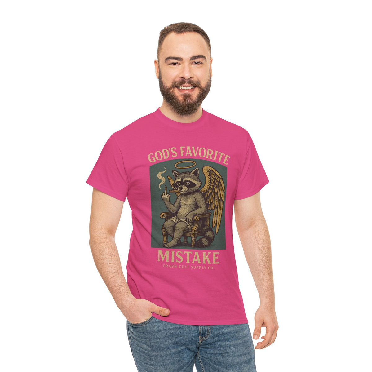 God’s Favorite Mistake Shirt – Raccoon Angel Flipping the Bird by Trash Cult Supply Co.