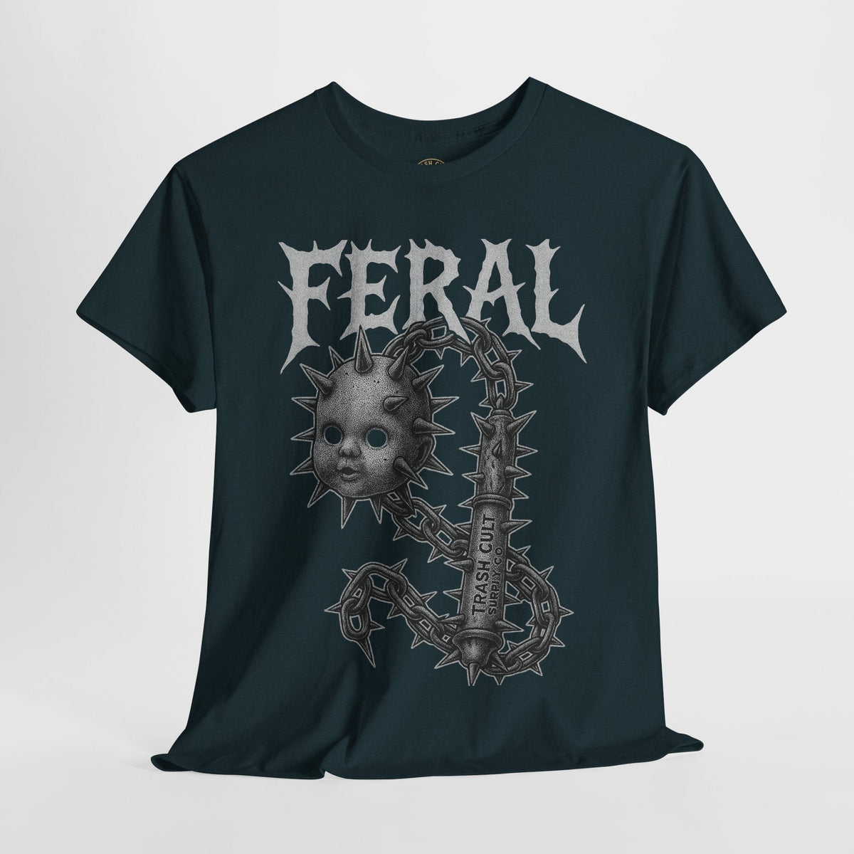 FERAL Spiked Doll Flail Tee – Halftone Gothic Weapon Shirt | Trash Cult Supply Co. | Gildan 5000