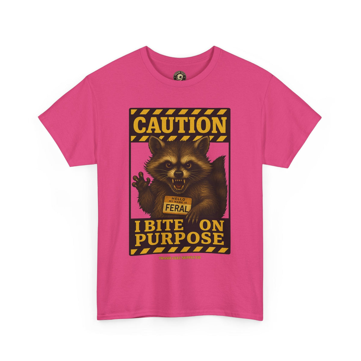 I Bite On Purpose Raccoon Warning T-Shirt – Caution Sign Style | Trash Cult Supply Co | Gildan 5000