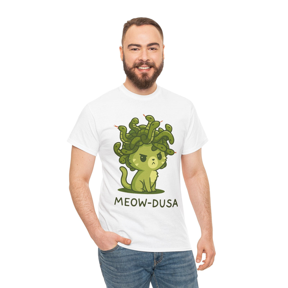 Meow-dusa Funny Cat Medusa T-Shirt – Gildan 5000 Heavy Cotton Tee