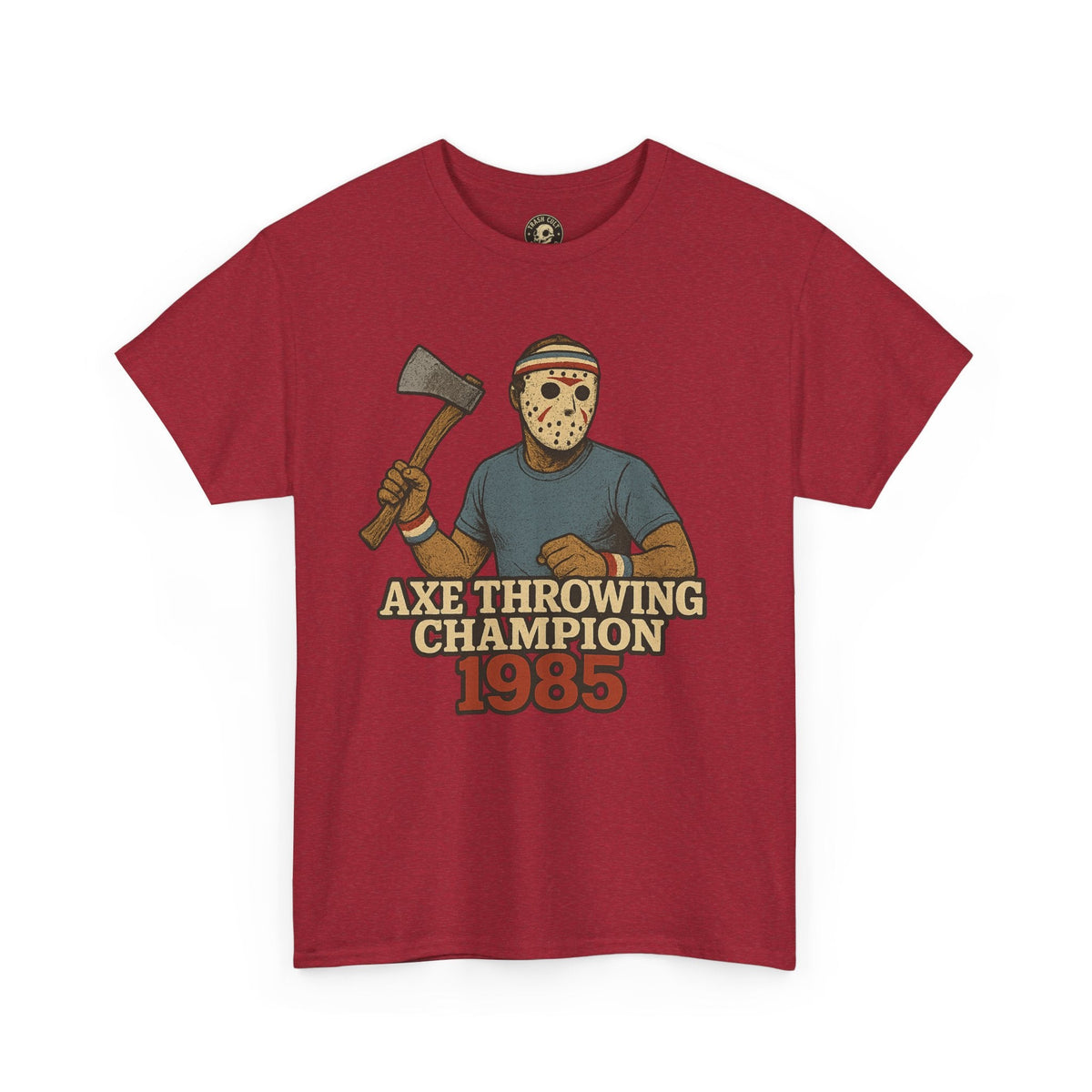 Jason Voorhees Axe Throwing Champion 1985 T-Shirt – Retro Slasher Workout Parody | Gildan 5000 Tee