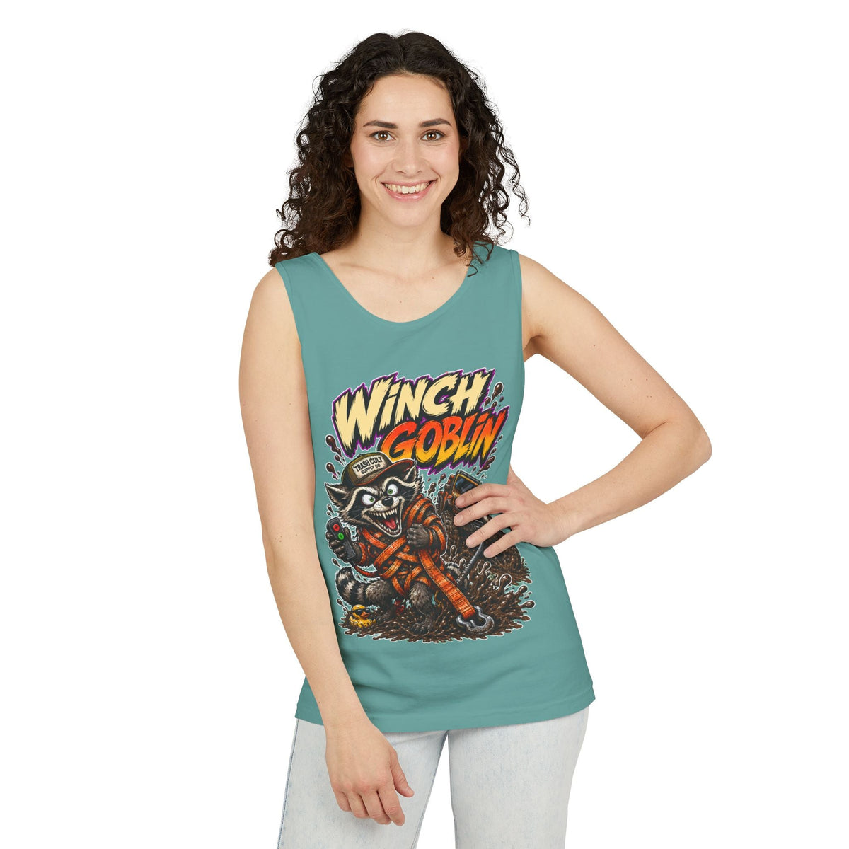 Winch Goblin Graphic Tank Top — Retro Cartoon Mechanic Design