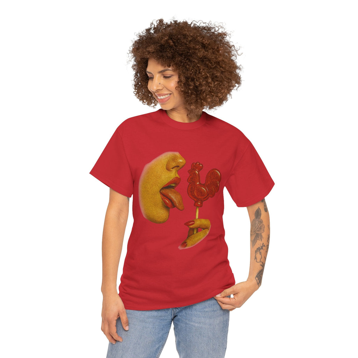 Bold Retro Halftone Tease – Red Rooster Lollipop Graphic Tee