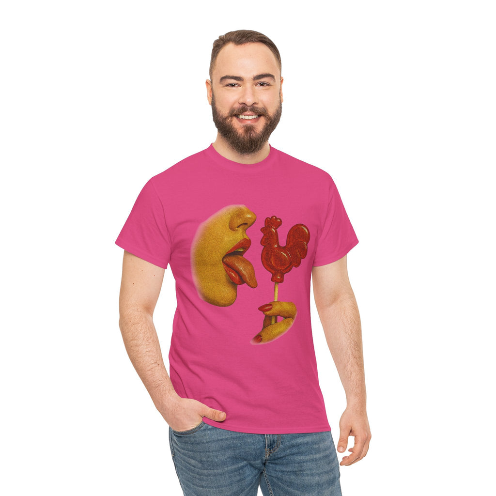 Bold Retro Halftone Tease – Red Rooster Lollipop Graphic Tee