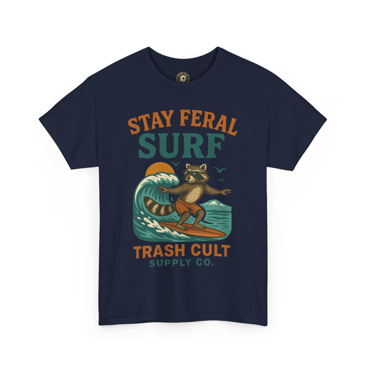 Stay Feral Surf Shirt – Retro Raccoon Beach Tee – Trash Cult Supply Co – Gildan 5000