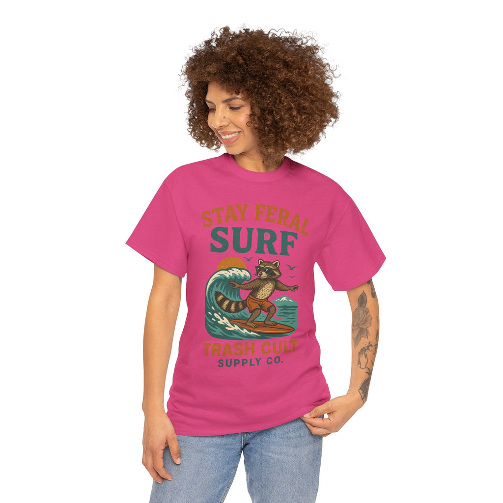 Stay Feral Surf Shirt – Retro Raccoon Beach Tee – Trash Cult Supply Co – Gildan 5000
