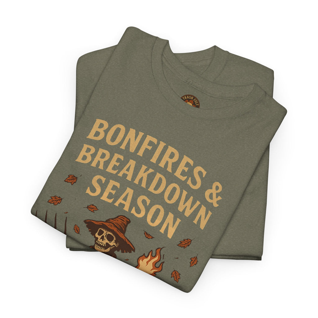 Bonfires & Breakdown Season Shirt – Skeleton Couch Chaos Tee – Fall of Humanity Collection – Trash Cult Supply Co.