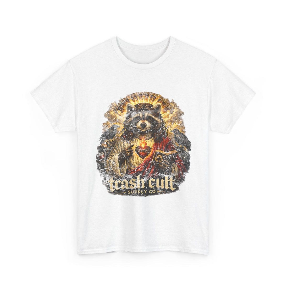Raccoon Saint Graphic Tee — “Trash Cult” Vintage Devotional Design