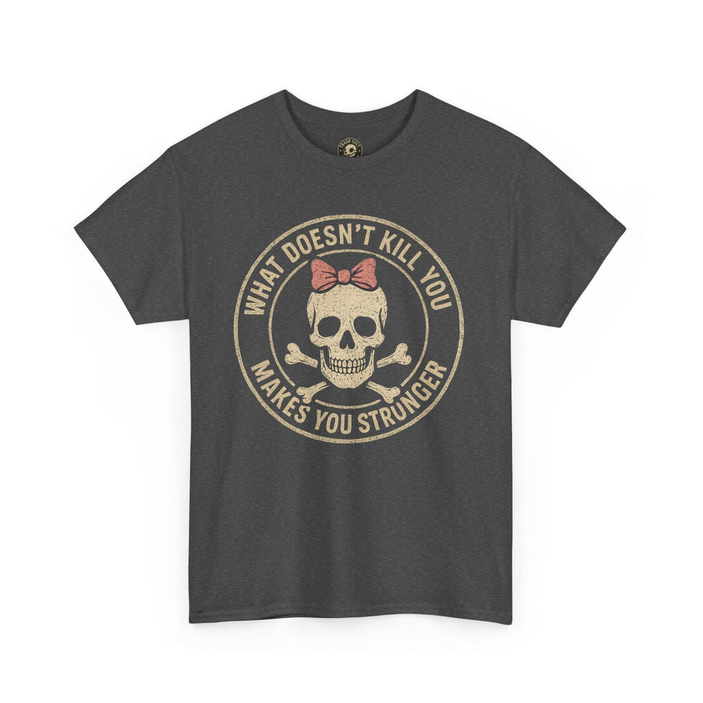 “What Doesn’t Kill You Makes You Stronger” Skull & Bow T-Shirt – Vintage Grunge Graphic | Gildan 5000