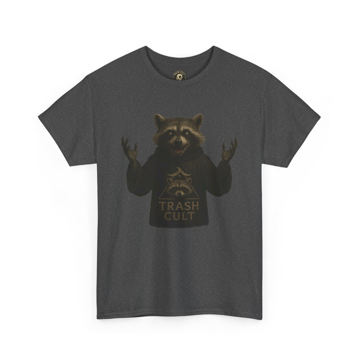 Raccoon Cult Leader Shirt – Trash Cult Unhinged Mascot Tee for Dark Fabrics | Gildan 5000