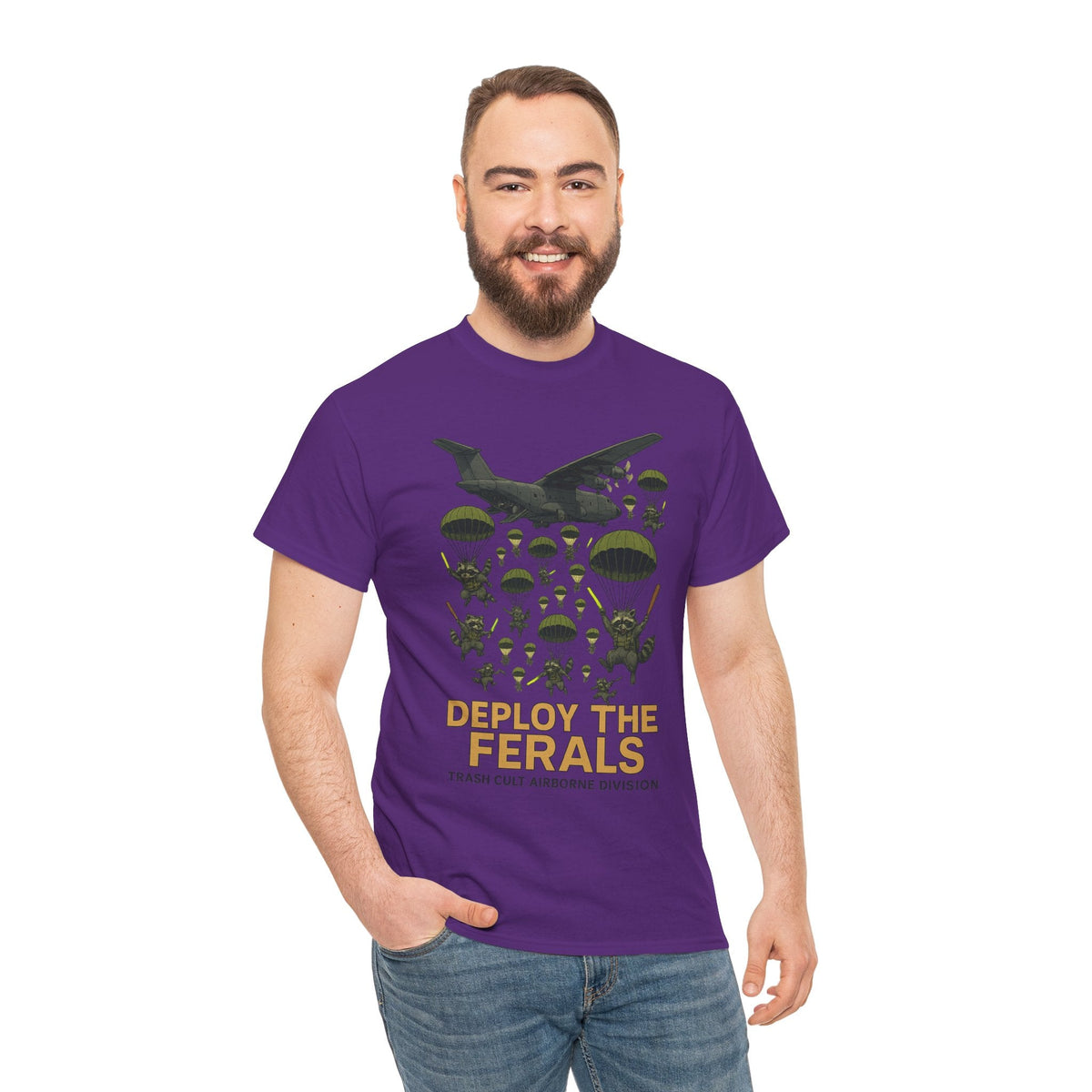 Deploy the Ferals T-Shirt – Airborne Raccoon Drop Graphic | Trash Cult Supply Co. | Gildan 5000 Heavy Cotton Tee