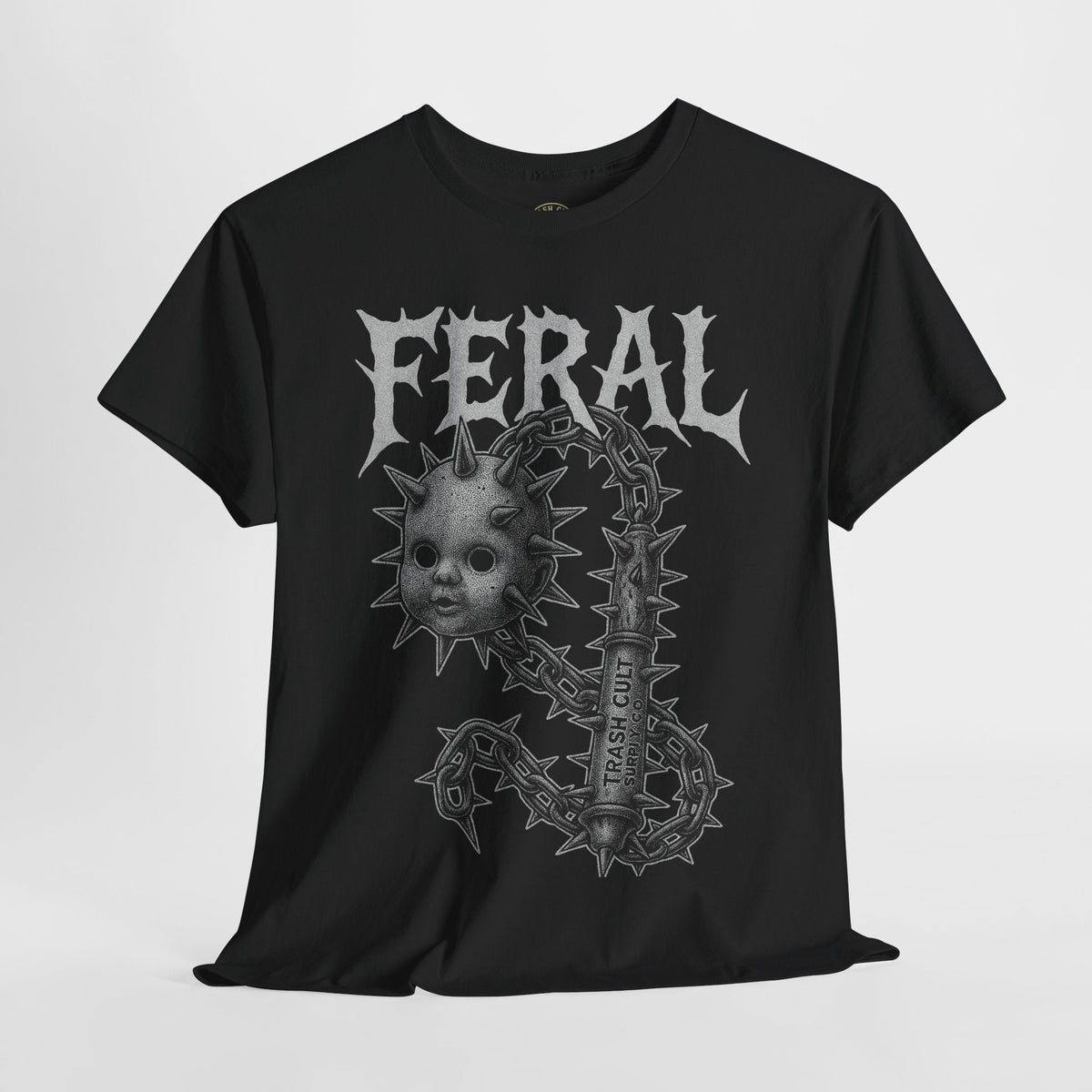FERAL Spiked Doll Flail Tee – Halftone Gothic Weapon Shirt | Trash Cult Supply Co. | Gildan 5000