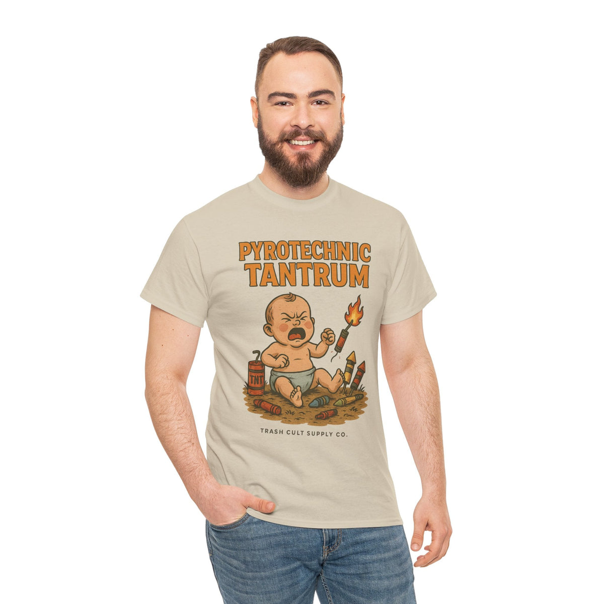 Pyrotechnic Tantrum T-Shirt – Explosive Baby Humor Graphic | Trash Cult Supply Co. | Gildan 5000 Tee