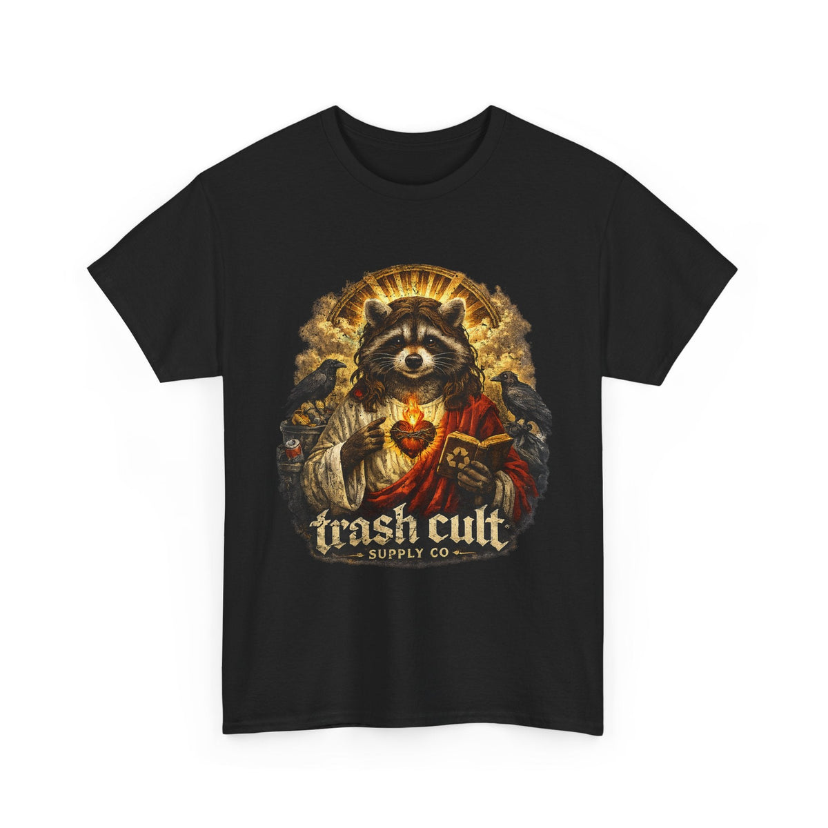 Raccoon Saint Graphic Tee — “Trash Cult” Vintage Devotional Design