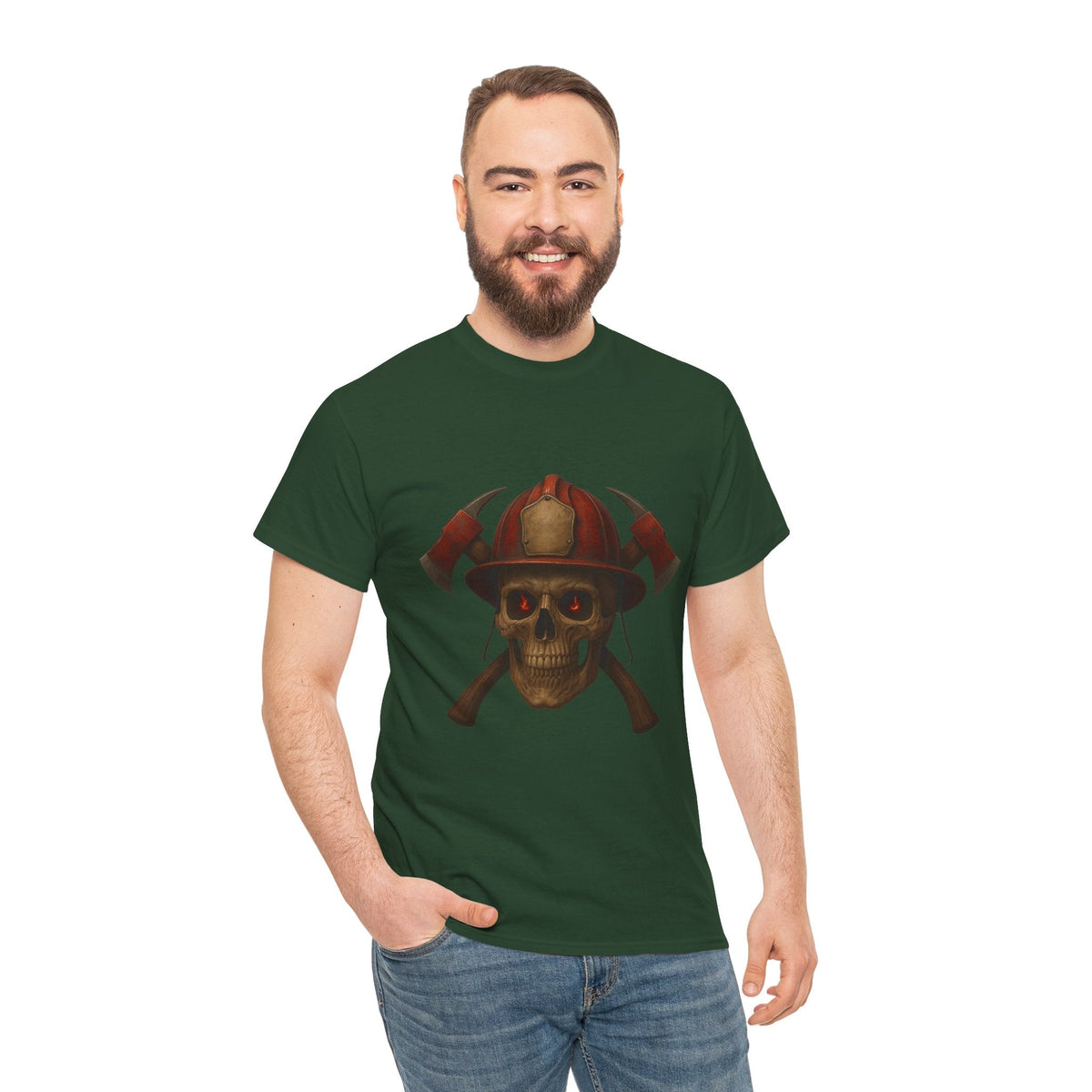 Skull Firefighter Tee, Unisex Heavy Cotton Shirt, Firefighter Gift, Halloween Costume T-Shirt, Unique Graphic Tee, Casual Wear