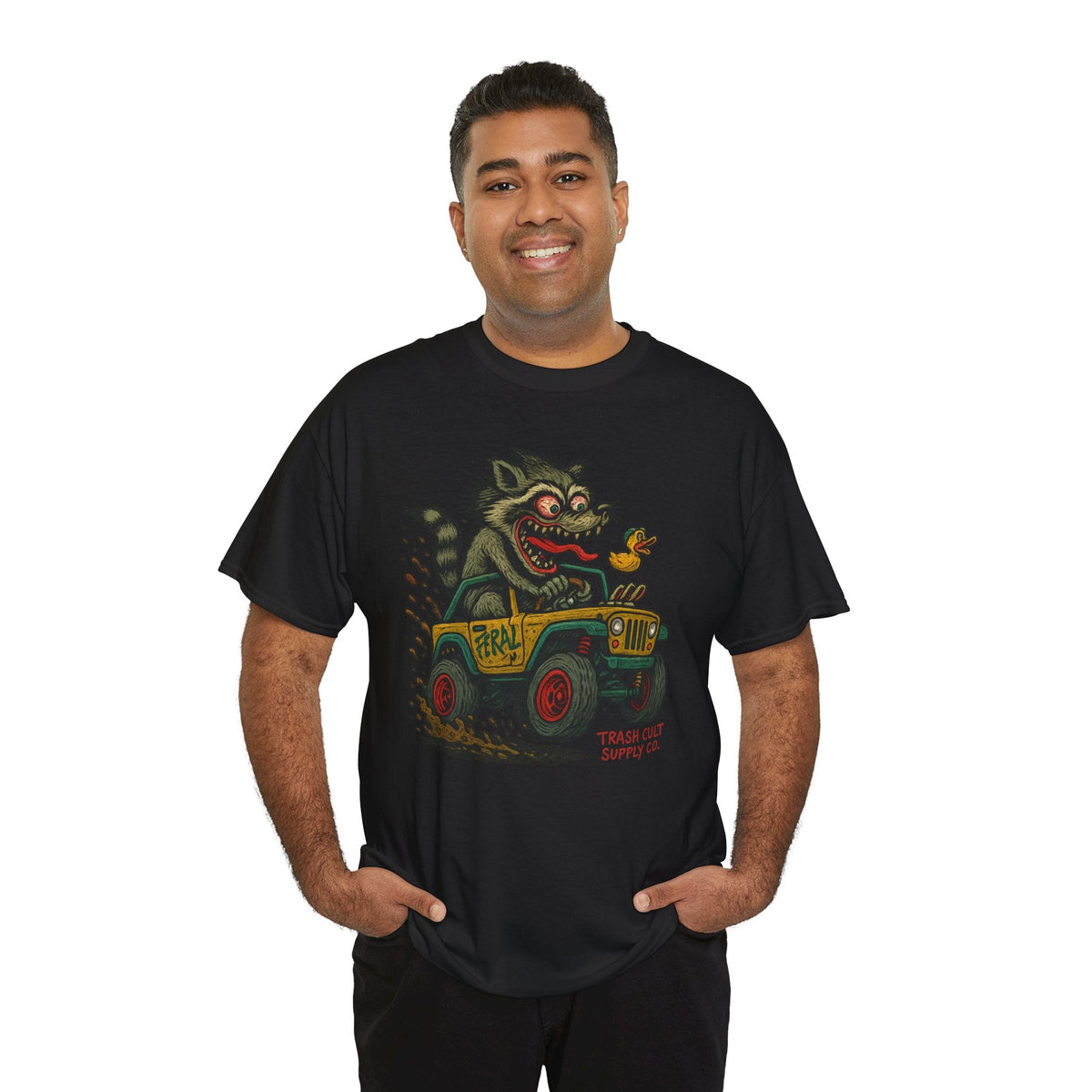 Feral Jeep Raccoon Shirt – Ed Roth Style Off-Road Chaos | Trash Cult Supply Co | Gildan 5000 Tee