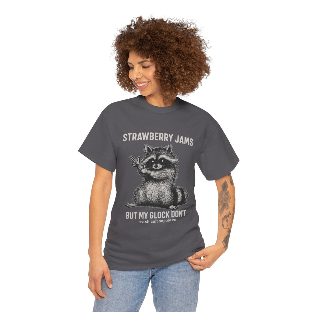 Strawberry Jams But My Glock Don’t Raccoon Shirt – Trash Cult Supply Co. Gildan 5000 Tee