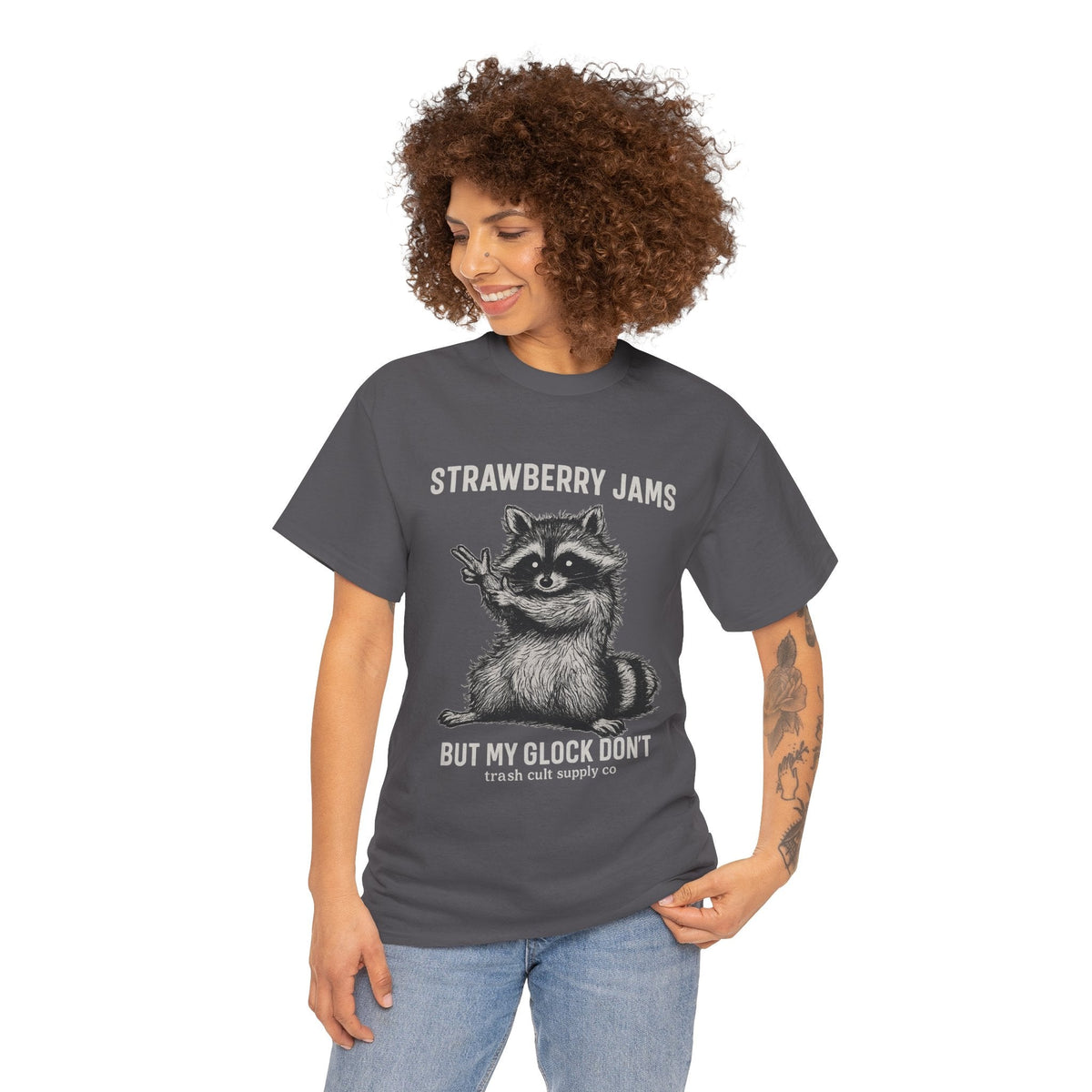 Strawberry Jams But My Glock Don’t Raccoon Shirt – Trash Cult Supply Co. Gildan 5000 Tee