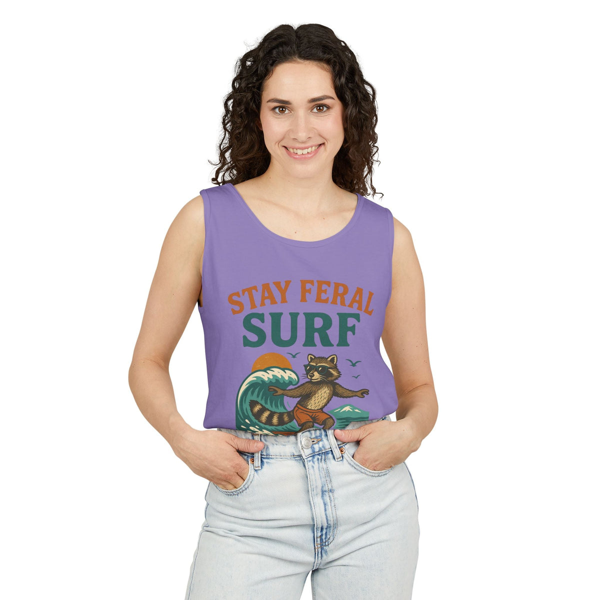 Stay Feral Surf Tank Top – Retro Raccoon Beach Tank – Trash Cult Supply Co – Comfort Colors 9360