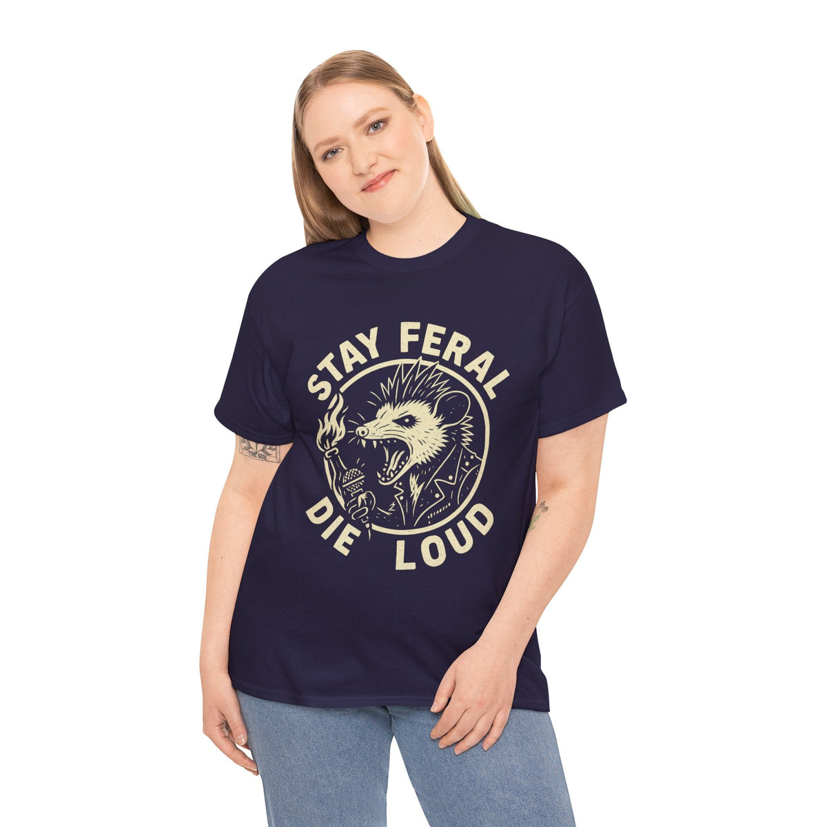 Stay Feral Die Loud Possum Punk Shirt – Trash Cult Supply Co – Gildan 5000 T-Shirt