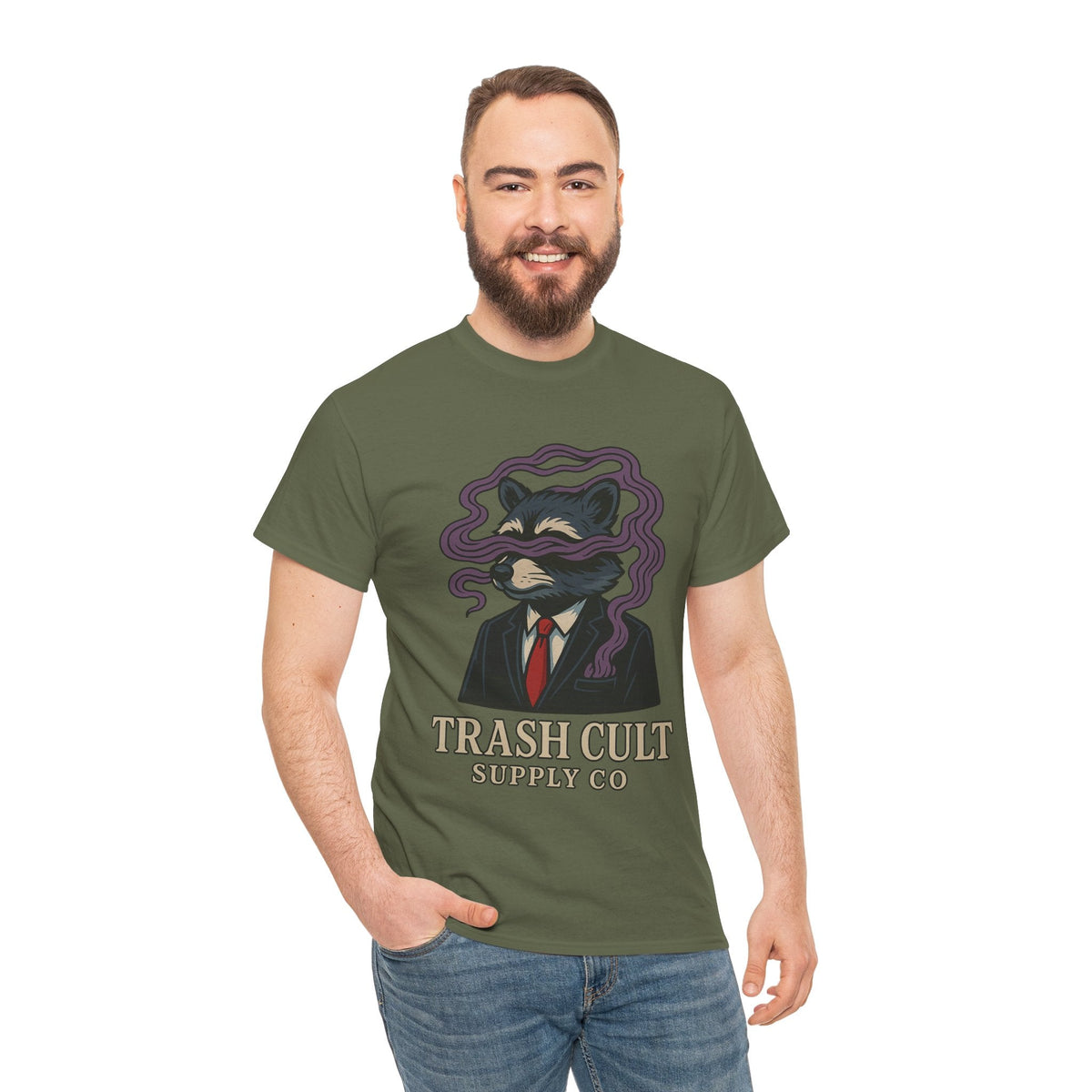 Suited Raccoon Smoke Design – Trash Cult Supply Co | Bold Graffiti Tattoo Tee