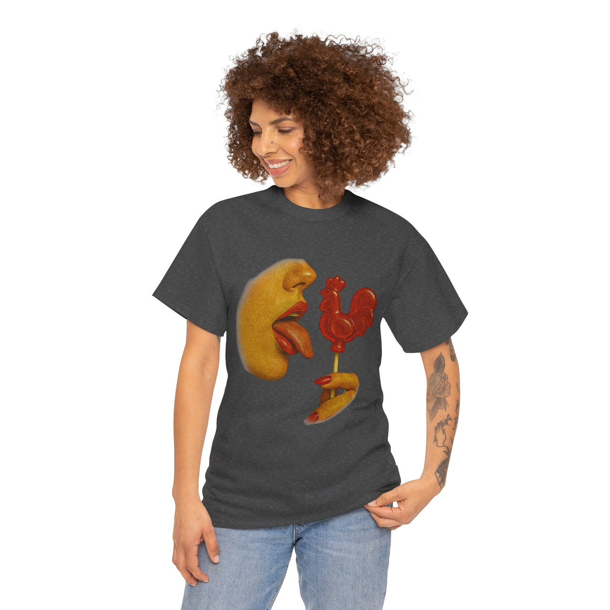 Bold Retro Halftone Tease – Red Rooster Lollipop Graphic Tee