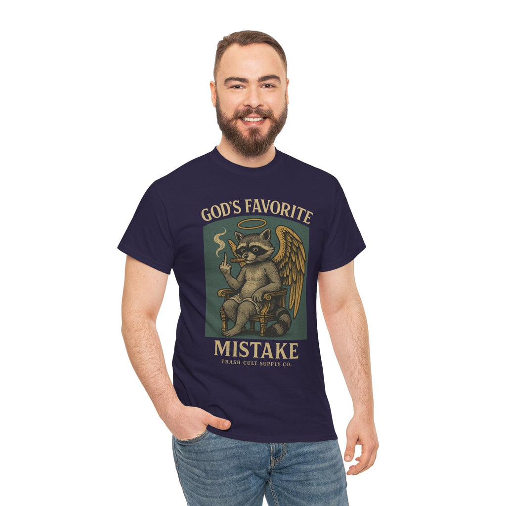 God’s Favorite Mistake Shirt – Raccoon Angel Flipping the Bird by Trash Cult Supply Co.