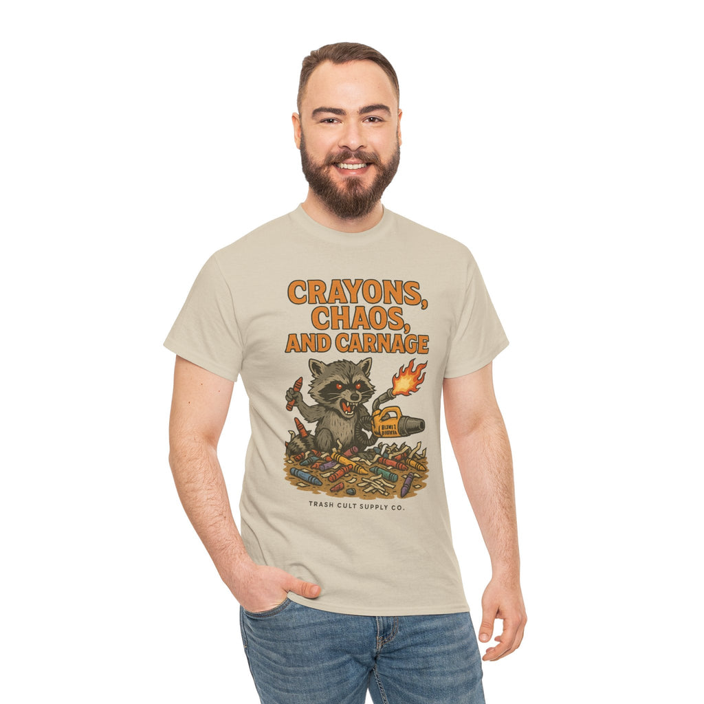 Crayons, Chaos, and Carnage T-Shirt – Dark Humor Raccoon Graphic | Trash Cult Supply Co. | Gildan 5000 Tee