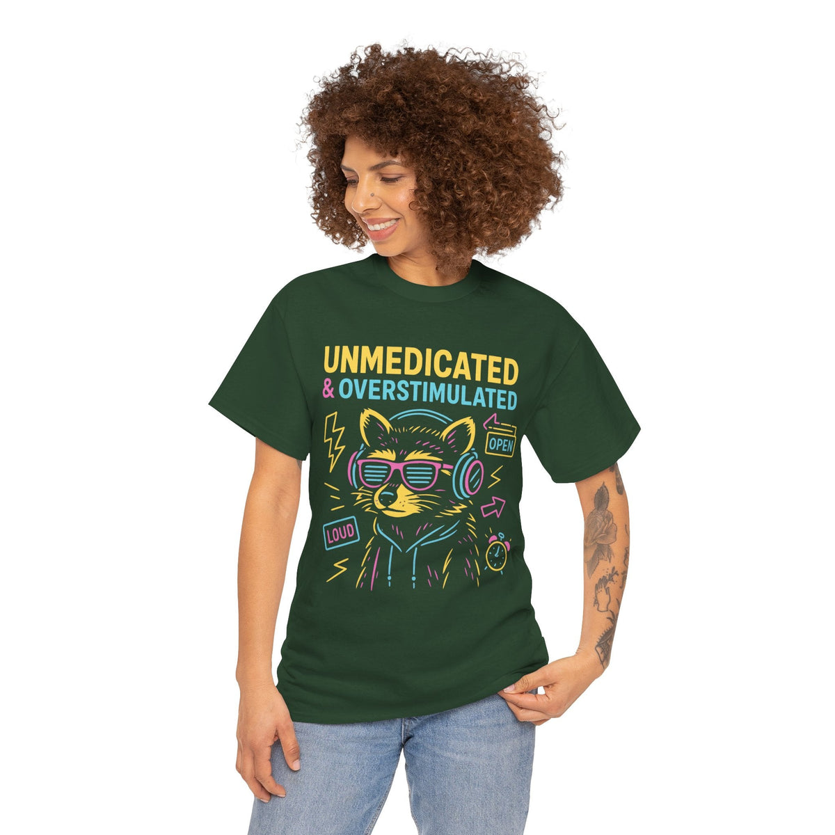 Unmedicated & Overstimulated Neon Raccoon ADHD Shirt – Trash Cult Supply Co. – Gildan 5000