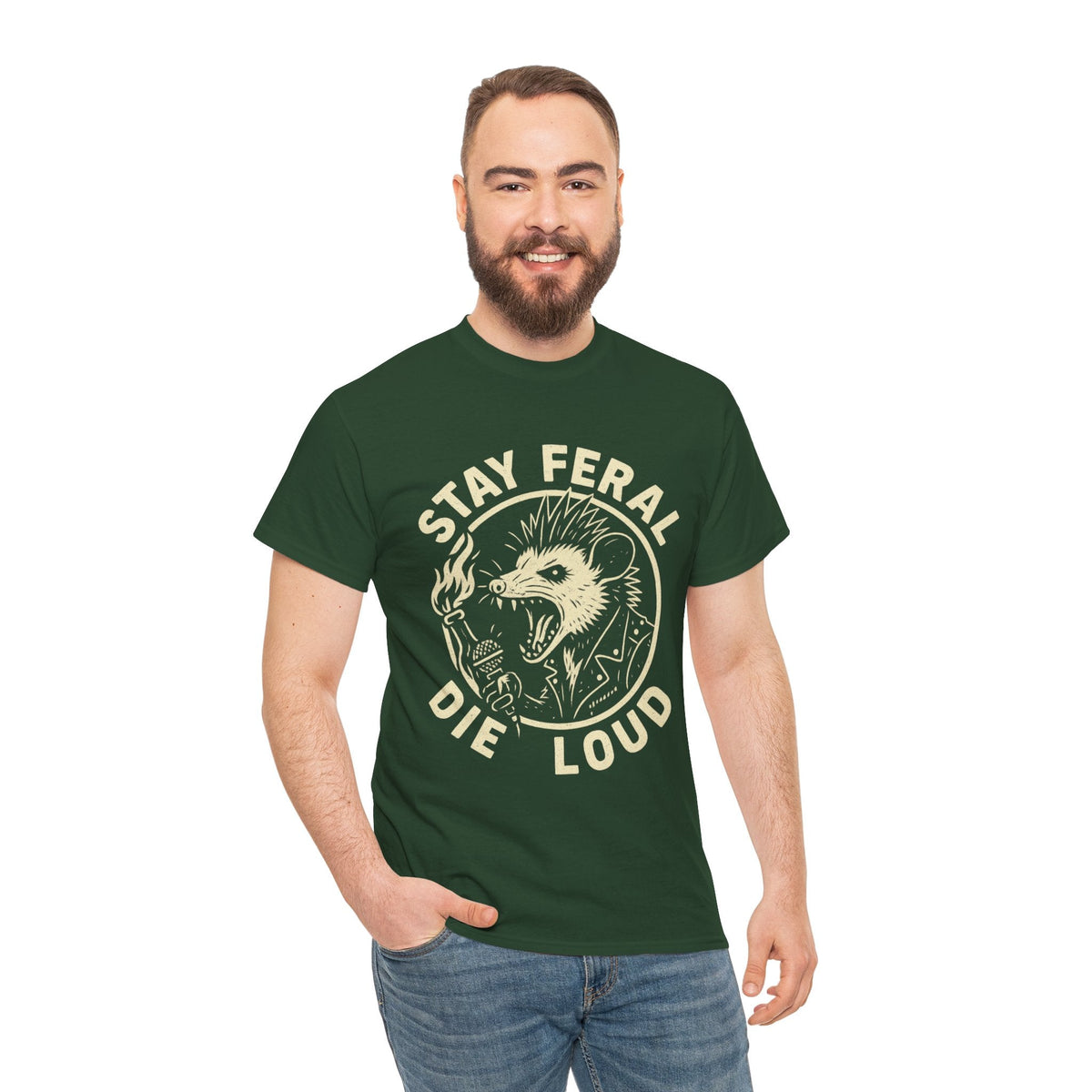 Stay Feral Die Loud Possum Punk Shirt – Trash Cult Supply Co – Gildan 5000 T-Shirt