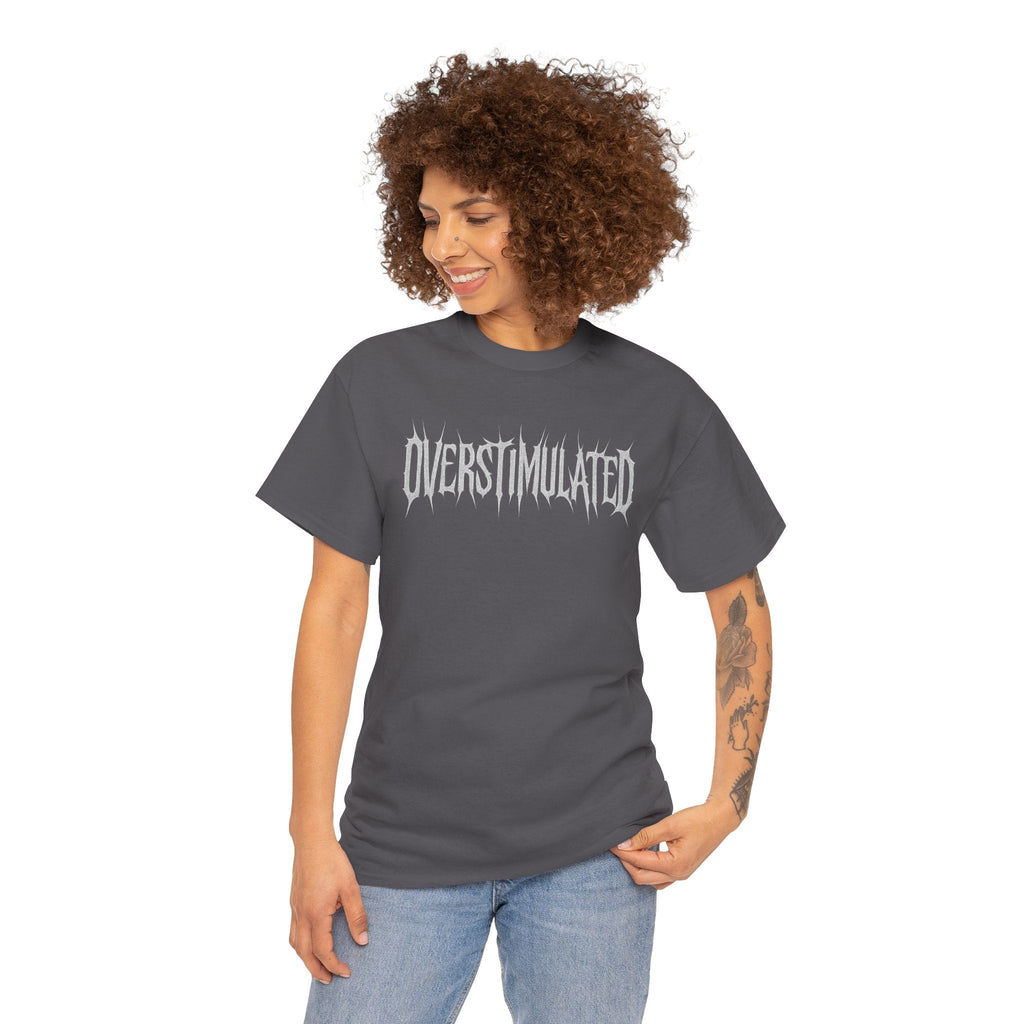 OVERSTIMULATED Metalcore Grunge Shirt – White on Black Distressed Font Tee