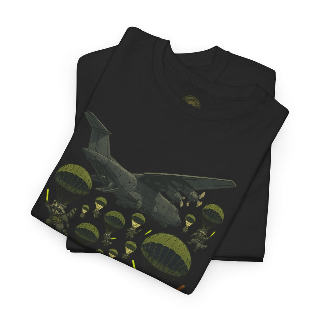 Deploy the Ferals T-Shirt – Airborne Raccoon Drop Graphic | Trash Cult Supply Co. | Gildan 5000 Heavy Cotton Tee
