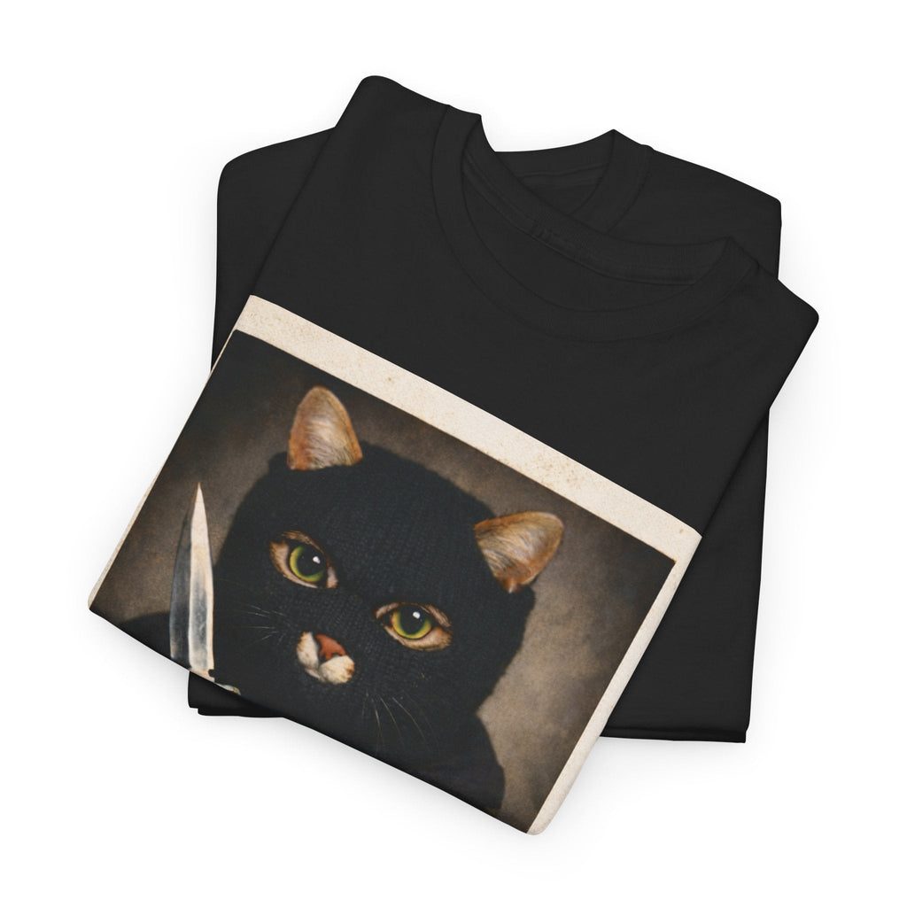 Cat With Knife Tee — "Mittens" Dark Humor Vintage Polaroid Graphic T-Shirt