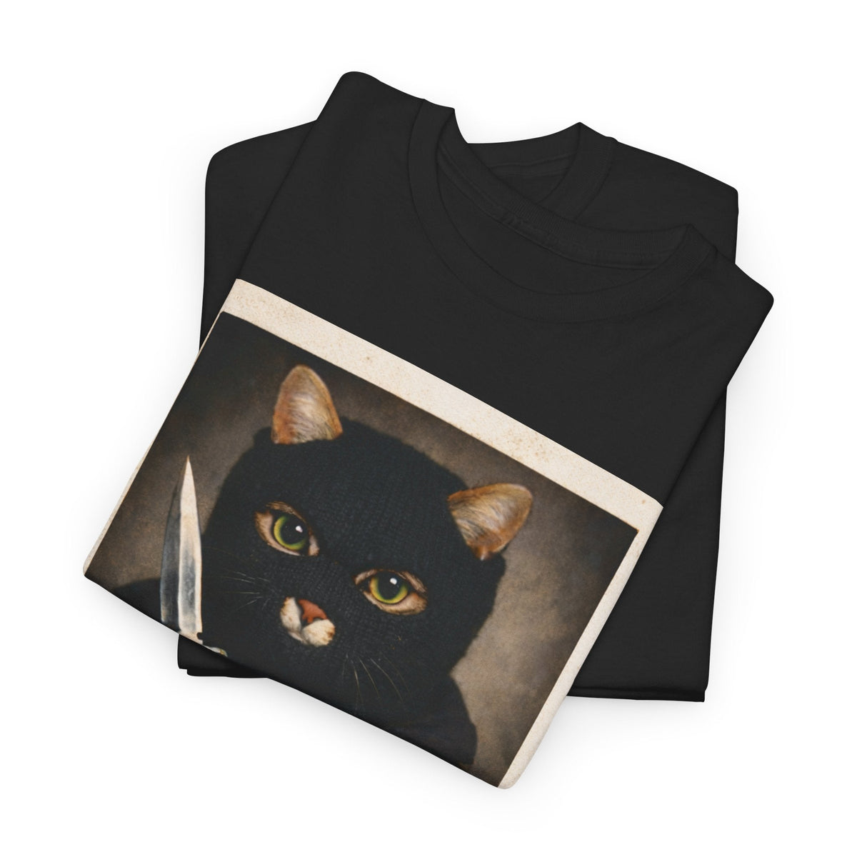 Cat With Knife Tee — "Mittens" Dark Humor Vintage Polaroid Graphic T-Shirt