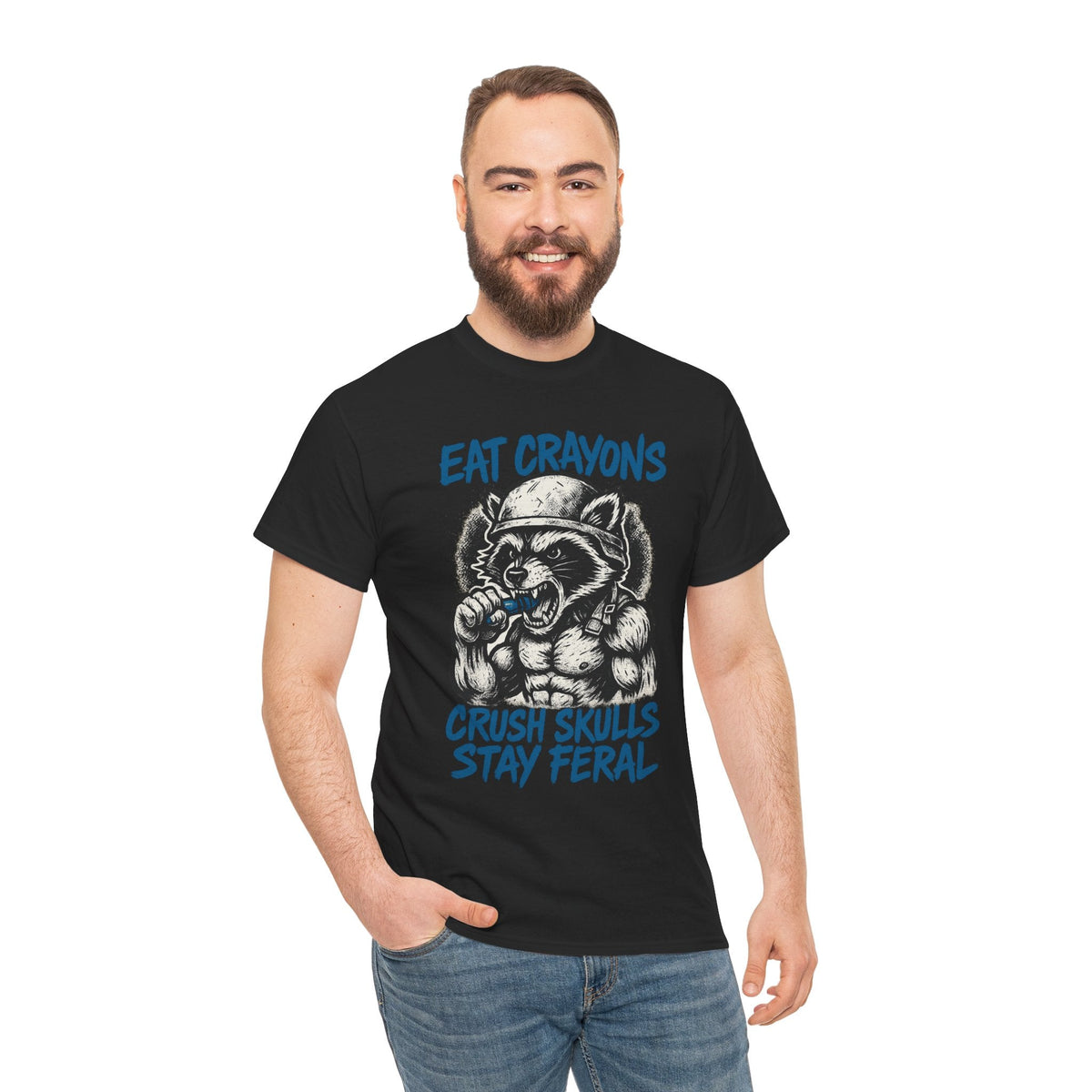 Eat Crayons Crush Skulls Stay Feral Military Raccoon Shirt – Gildan 5000