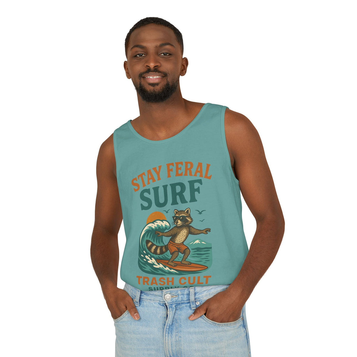 Stay Feral Surf Tank Top – Retro Raccoon Beach Tank – Trash Cult Supply Co – Comfort Colors 9360