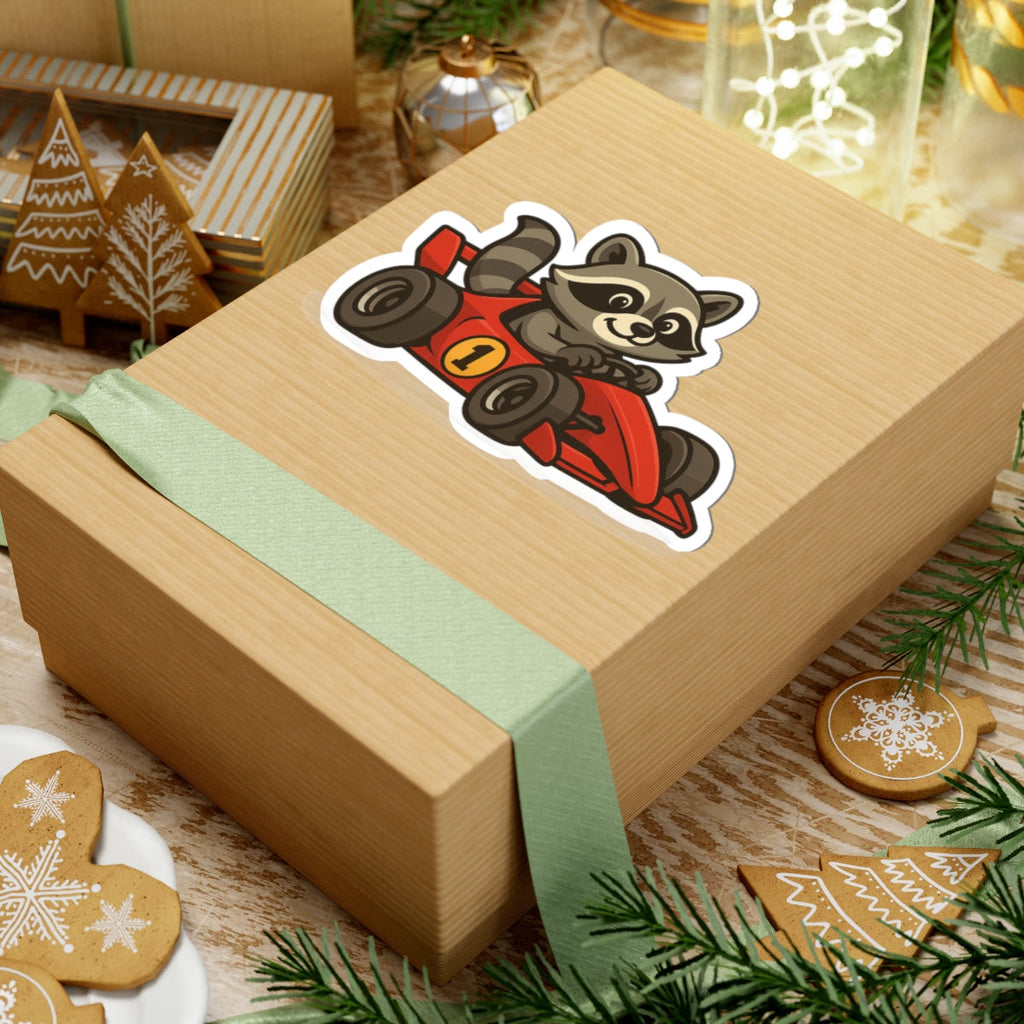 Adorable Raccoon Race Car Kiss-Cut Stickers, Fun Laptop Decal, Kids' Party Favor, Cute Car Decoration, Perfect for Gift Wrapping