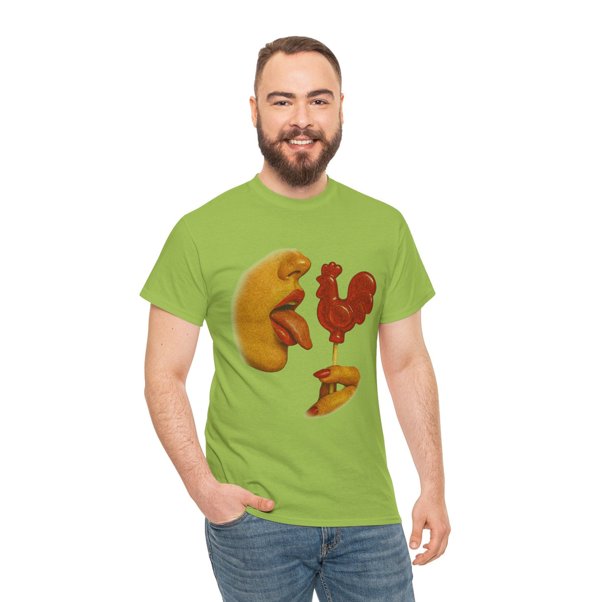 Bold Retro Halftone Tease – Red Rooster Lollipop Graphic Tee