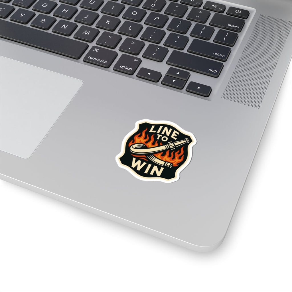 Line to Win – Bold Firefighter Sticker – Kiss-Cut Glossy Vinyl Decal with Fire Hose and Flame Design