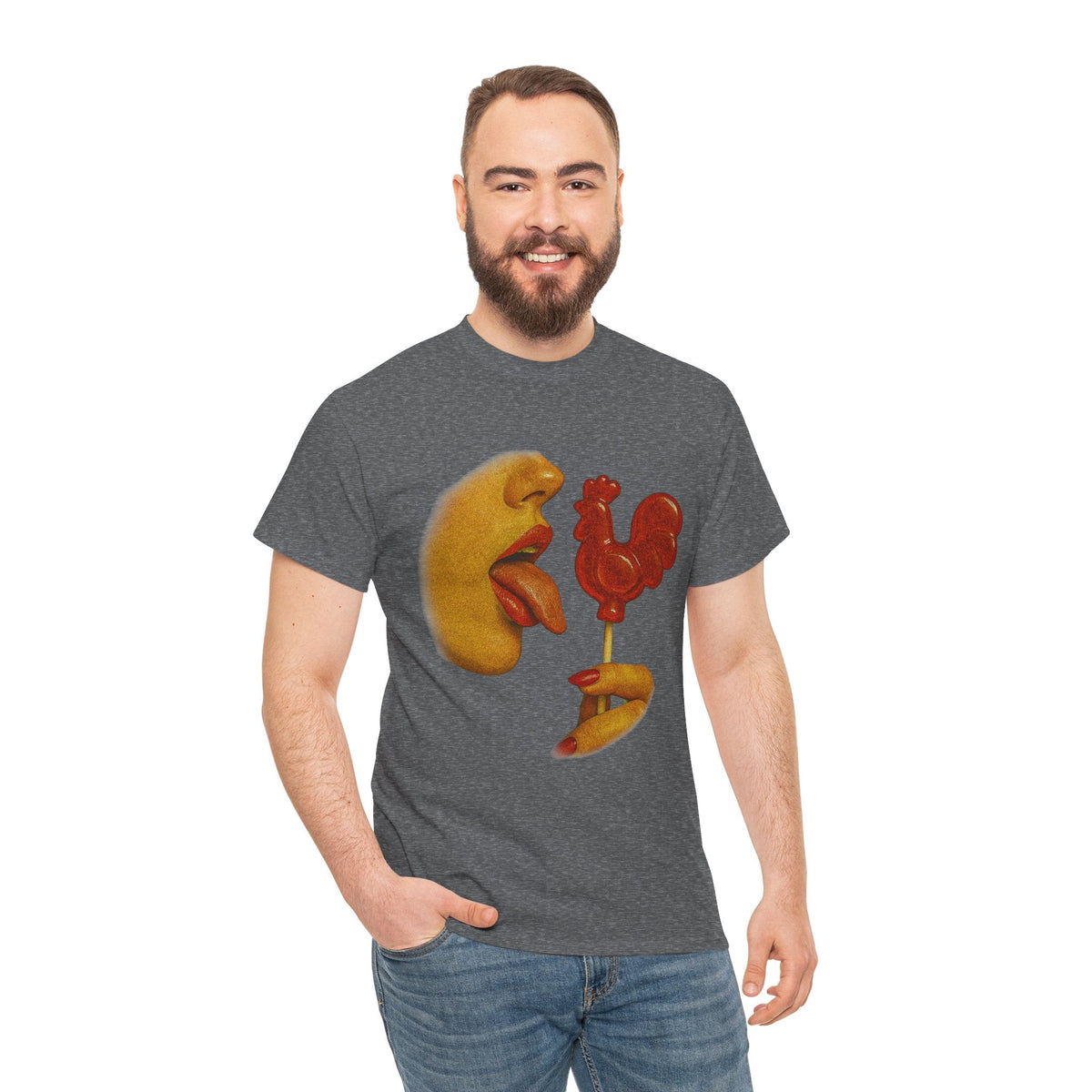 Bold Retro Halftone Tease – Red Rooster Lollipop Graphic Tee