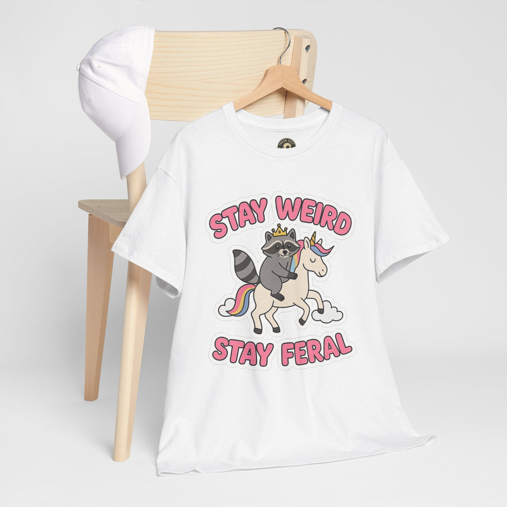 Stay Weird Stay Feral Shirt – Raccoon & Unicorn – High Visibility Gildan 5000 Tee