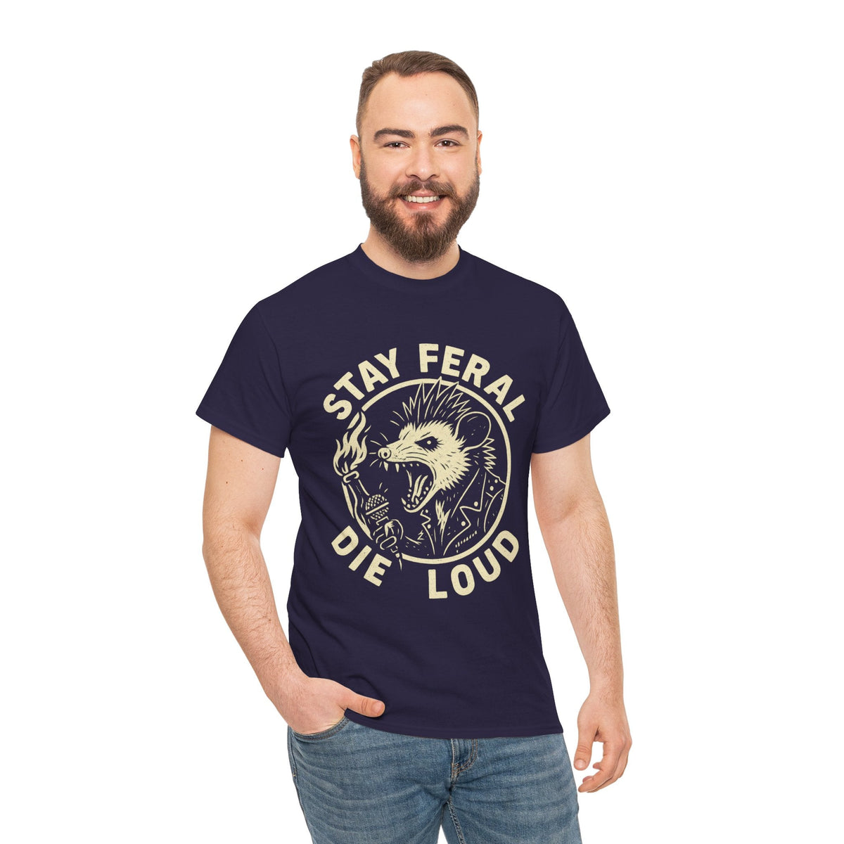 Stay Feral Die Loud Possum Punk Shirt – Trash Cult Supply Co – Gildan 5000 T-Shirt