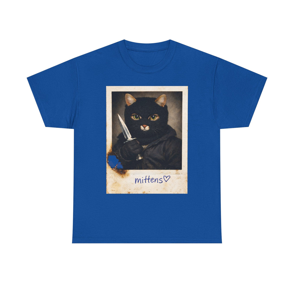Cat With Knife Tee — "Mittens" Dark Humor Vintage Polaroid Graphic T-Shirt