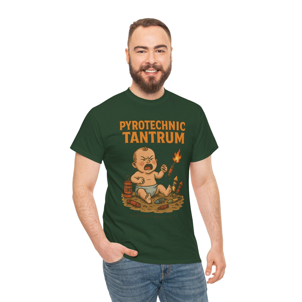 Pyrotechnic Tantrum T-Shirt – Explosive Baby Humor Graphic | Trash Cult Supply Co. | Gildan 5000 Tee